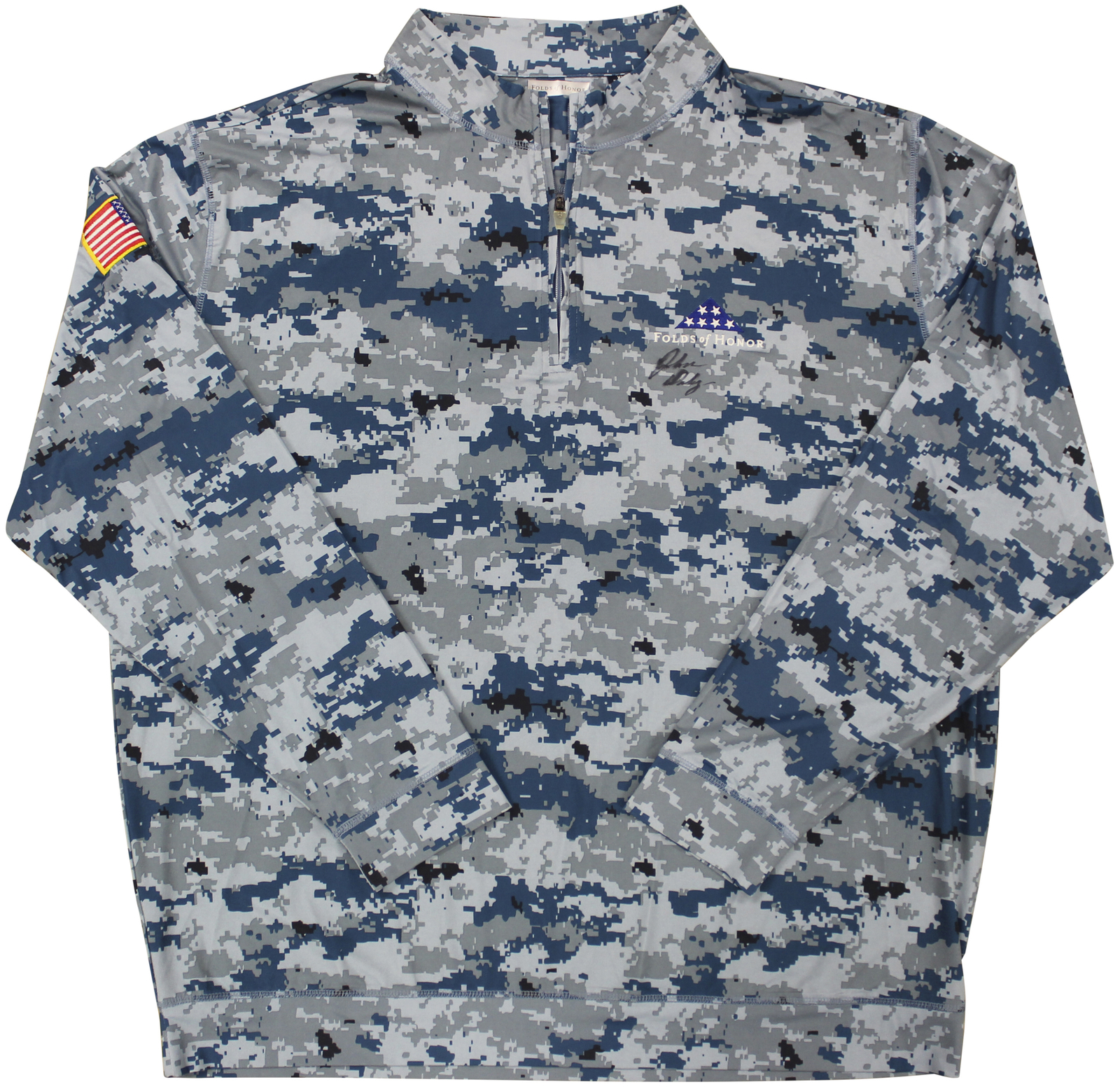 John Daly Signed Match Worn Camo Folds of Honor Quarter Zip Shirt BAS #BH00337
