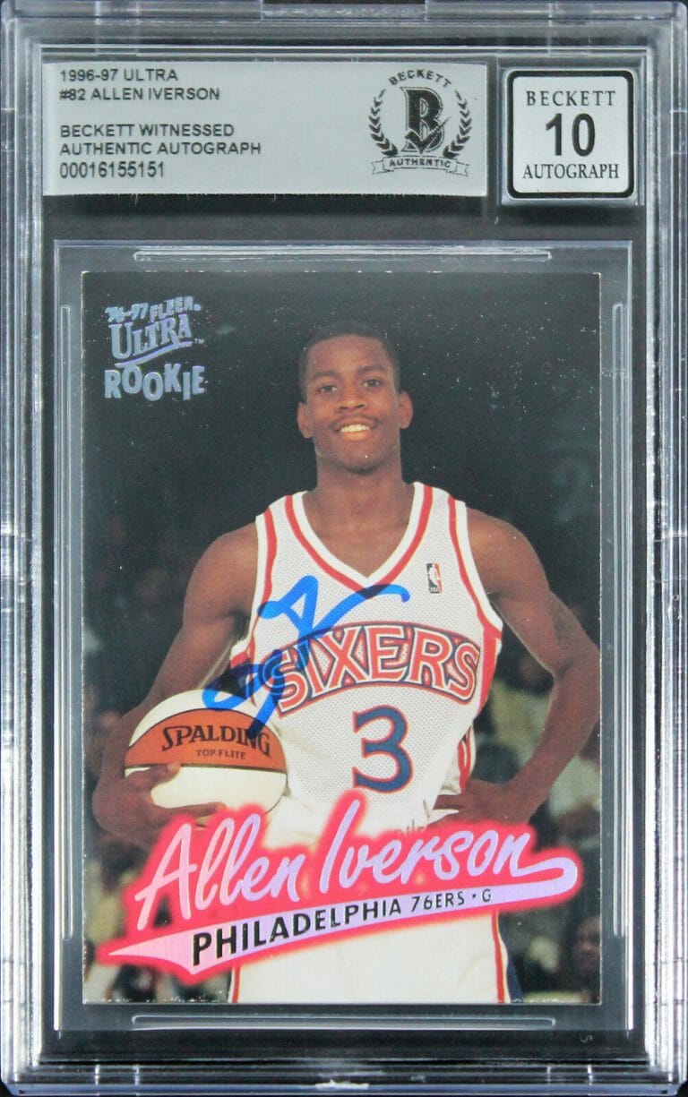 76ERS ALLEN IVERSON SIGNED 1996 ULTRA #82 ROOKIE CARD AUTO 10! BAS SLABBED 3
 COLLECTIBLE MEMORABILIA