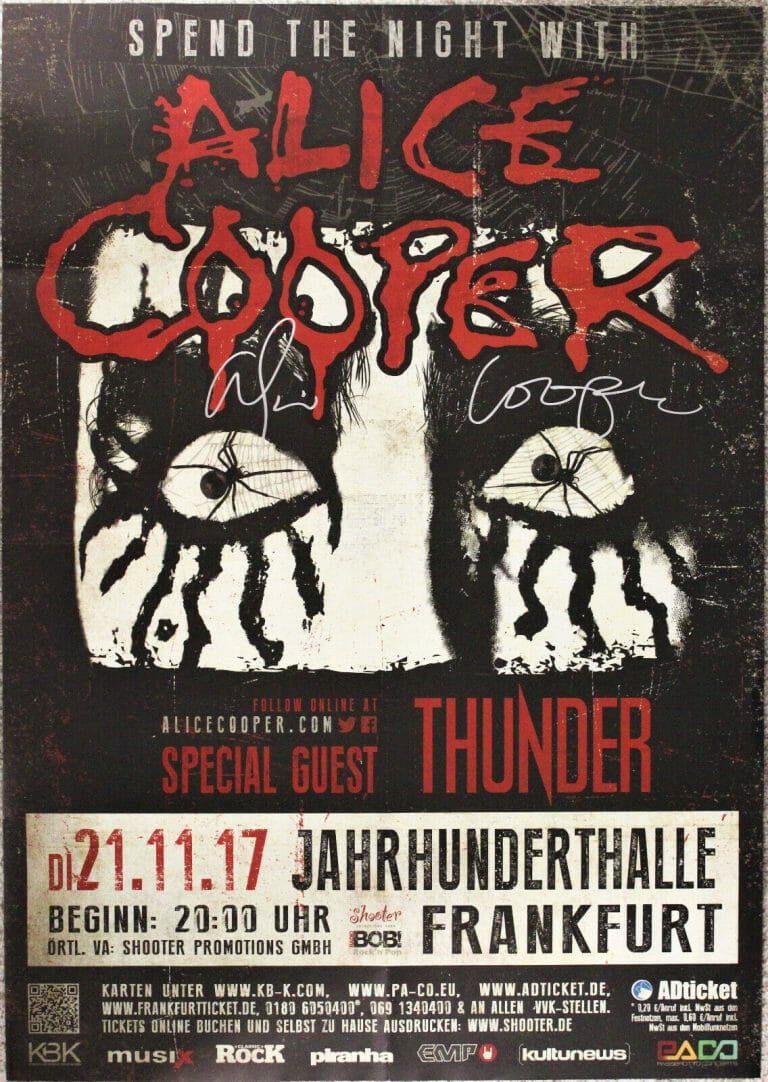 ALICE COOPER 24×36″ 2017 CONCERT POSTER FROM GERMANY, SIGNED BY ALICE, ACOA
 COLLECTIBLE MEMORABILIA