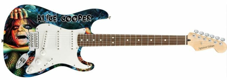 ALICE COOPER AUTOGRAPHED SKULL SNAKES PHOTO GRAPHICS STRAT GUITAR ACOA
 COLLECTIBLE MEMORABILIA