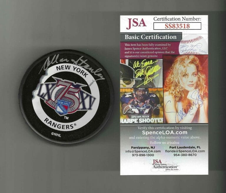 ALLAN STANLEY SIGNED NEW YORK RANGERS 75TH ANNIVERSARY GAME PUCK JSA COA
 COLLECTIBLE MEMORABILIA