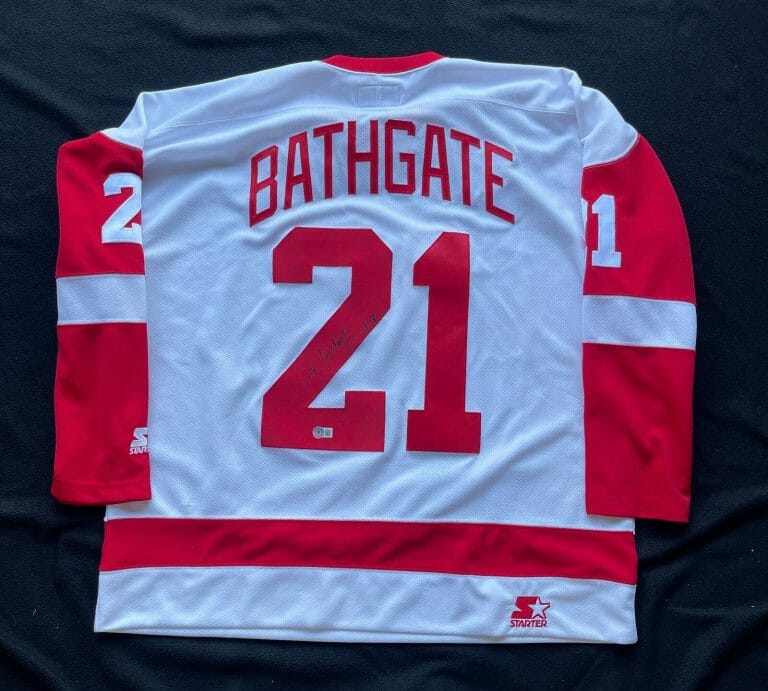 ANDY BATHGATE SIGNED DETROIT RED WINGS STARTER JERSEY BAS COA
 COLLECTIBLE MEMORABILIA