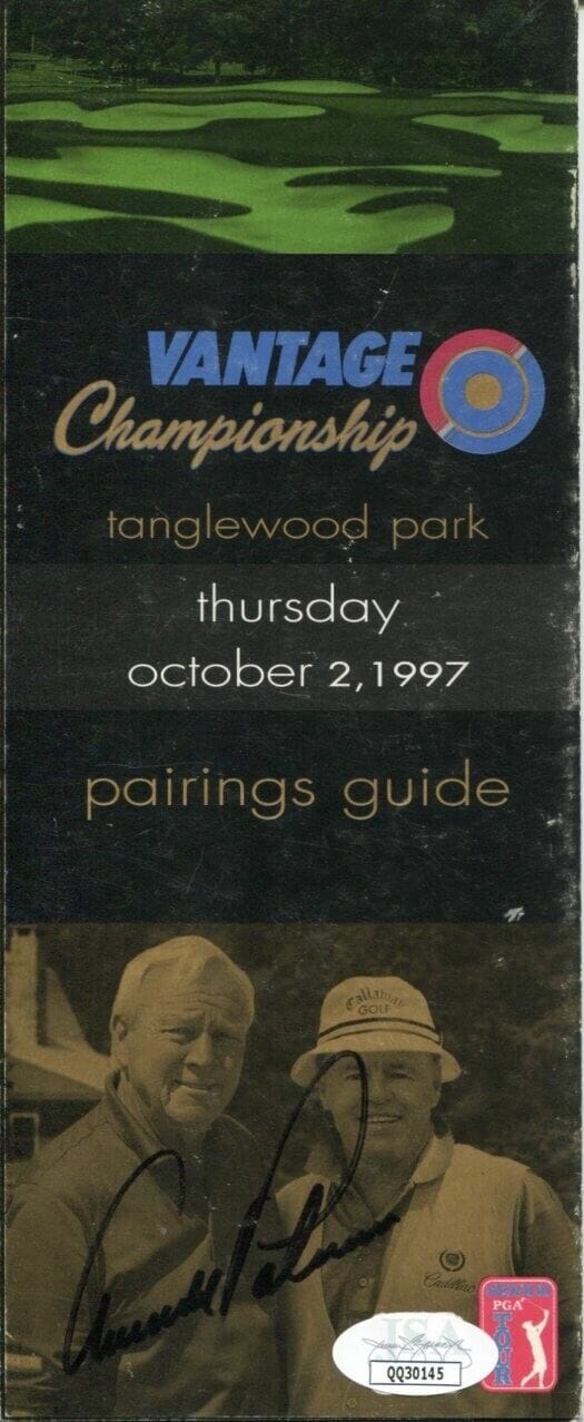 ARNOLD PALMER PGA GOLF MASTERS CHAMP SIGNED AUTOGRAPH VANTAGE PAIRING SHEET JSA
 COLLECTIBLE MEMORABILIA