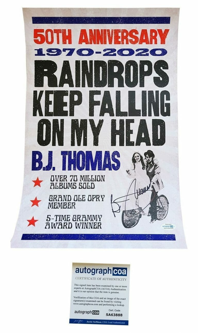 B.J. THOMAS AUTOGRAPHED SIGNED 12×18 RAINDROPS KEEP FALLING POSTER ACOA
 COLLECTIBLE MEMORABILIA