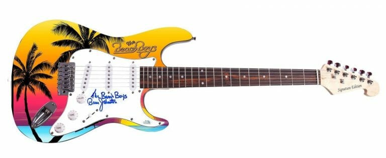 BEACH BOYS MIKE LOVE BRUCE JOHNSTON SIGNED GRAPHICS GUITAR EXACT PROOF ACOA
 COLLECTIBLE MEMORABILIA