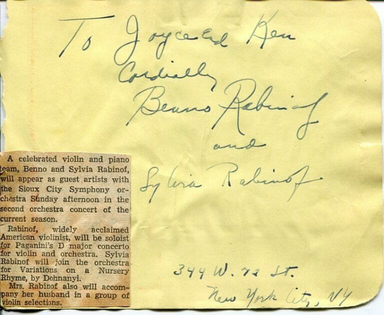 BENNO RABINOF AND SYLVIA RABINOF VIOLIN PIANO CLASSICAL DUO SIGNED AUTOGRAPH
 COLLECTIBLE MEMORABILIA