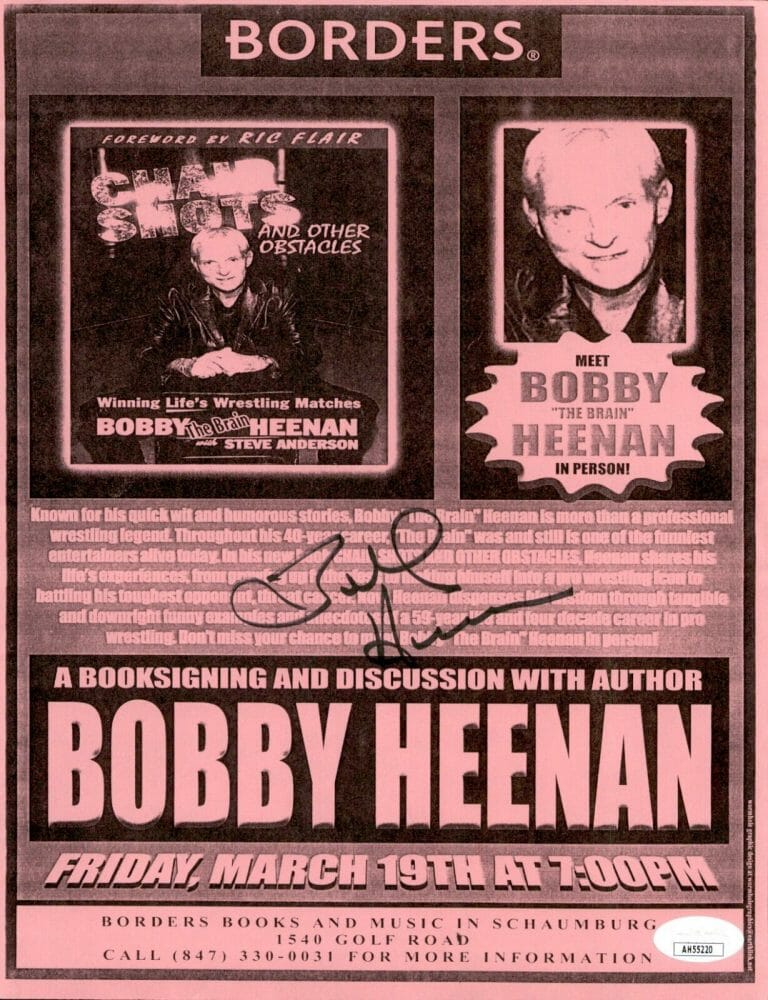 BOBBY “THE BRAIN” HEENAN SIGNED WCW 8.5×11 SIGNING FLYER #1 JSA COA WWE WWF
 COLLECTIBLE MEMORABILIA