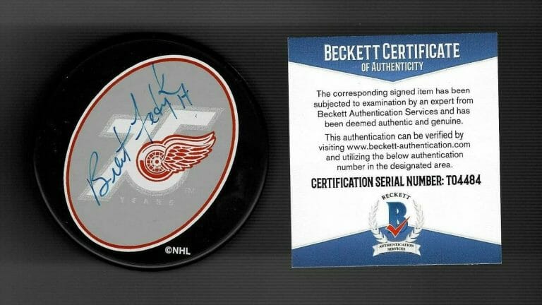 BRENT FEDYK SIGNED DETROIT RED WINGS 75TH ANNIVERSARY PUCK BECKETT COA
 COLLECTIBLE MEMORABILIA