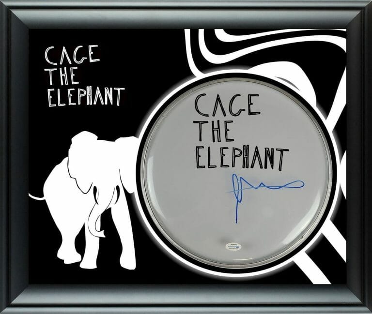 CAGE THE ELEPHANT MATT SHULTZ SIGNED CUSTOM FRAMED DRUM HEAD DISPLAY ACOA
COLLECTIBLE MEMORABILIA