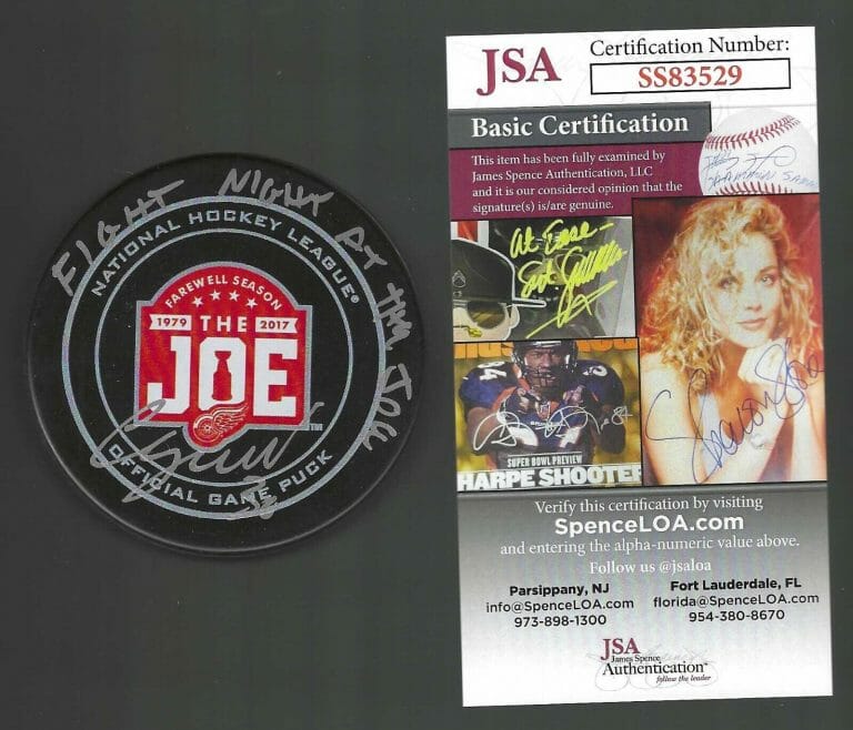 CHRIS OSGOOD SIGNED INSCRIBED FIGHT NIGHT DETROIT RED WINGS JLA PUCK JSA COA
 COLLECTIBLE MEMORABILIA