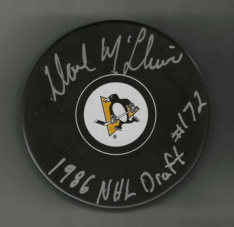 DAVE MCLLWAIN SIGNED & INSCRIBED “1986 DRAFT PICK 172” PITTSBURGH PENGUINS PUCK
 COLLECTIBLE MEMORABILIA