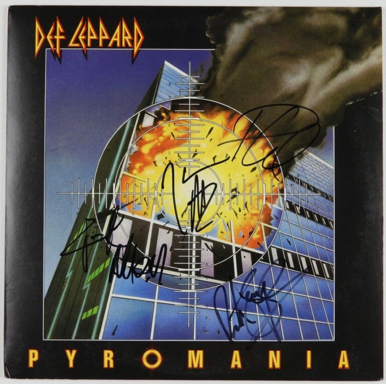 DEF LEPPARD JSA SIGNED AUTOGRAPH ALBUM RECORD VINYL PYROMANIA JOE ELLIOTT RICK +
 COLLECTIBLE MEMORABILIA