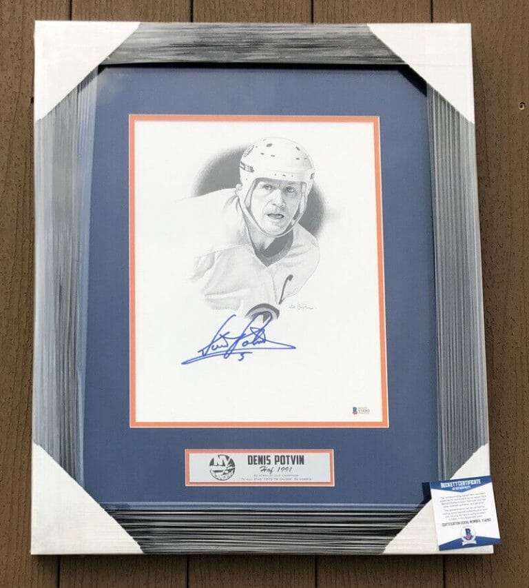 DENIS POTVIN SIGNED NEW YORK ISLANDERS FRAMED MATTED PENCIL SKETCH BECKETT COA
 COLLECTIBLE MEMORABILIA