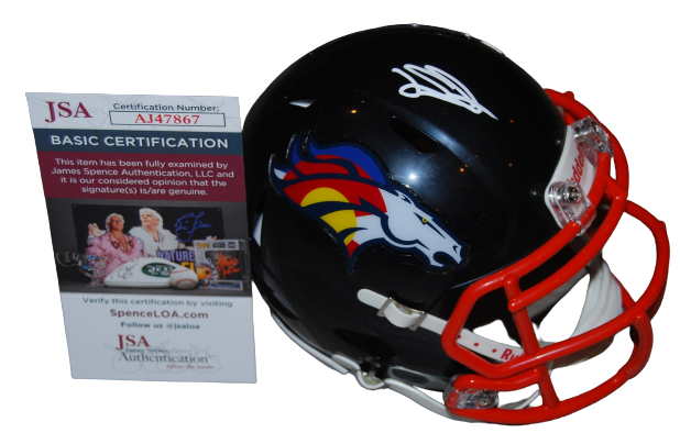 DREW SANDERS SIGNED (DENVER BRONOCS) CUSTOM MINI FOOTBALL HELMET JSA AJ47867
 COLLECTIBLE MEMORABILIA