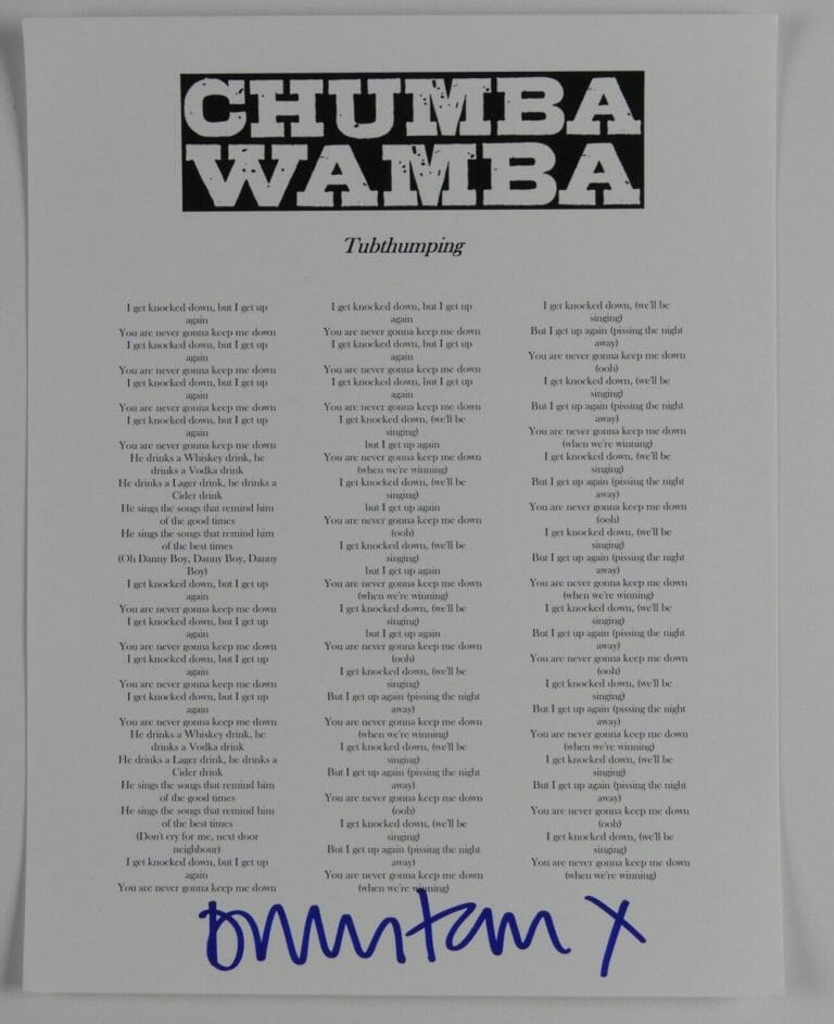 DUNSTAN BRUCE SIGNED JSA AUTOGRAPH LYRIC SHEET CHUMBAWAMBA
 COLLECTIBLE MEMORABILIA