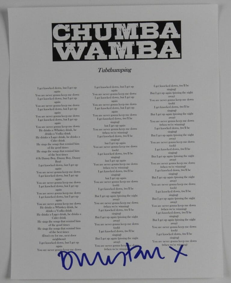 DUNSTAN BRUCE SIGNED JSA AUTOGRAPH LYRIC SHEET CHUMBAWAMBA
 COLLECTIBLE MEMORABILIA