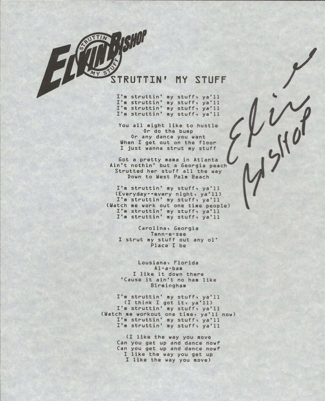 Elvin Bishop REAL SIGNED Struttin My Stuff lyric sheet COA