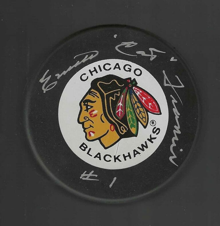 EMILE “CAT” FRANCIS SIGNED & INSCRIBED CHICAGO BLACKHAWKS PUCK
 COLLECTIBLE MEMORABILIA