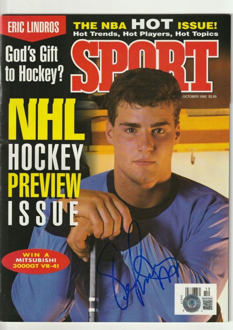 ERIC LINDROS SIGNED OCTOBER 1992 SPORT MAGAZINE W/ BECKETT COA (NO LABEL)
 COLLECTIBLE MEMORABILIA
