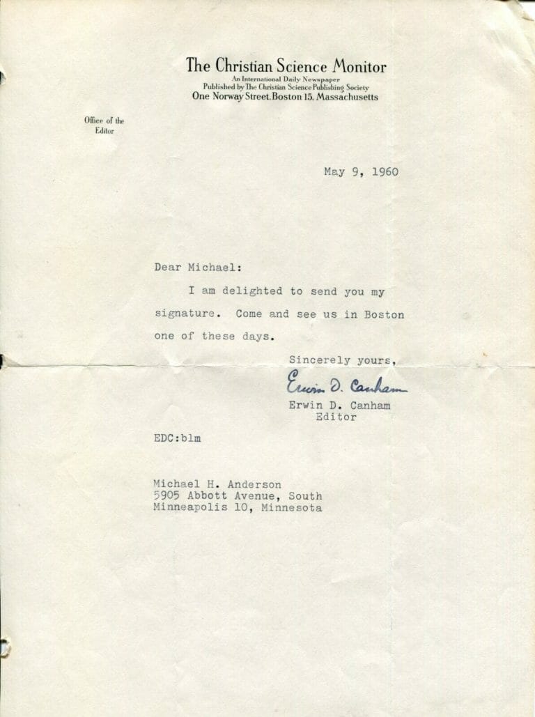 ERWIN CANHAM AUTHOR THE CHRISTIAN SCIENCE MONITOR EDITOR RARE SIGNED AUTOGRAPH
 COLLECTIBLE MEMORABILIA