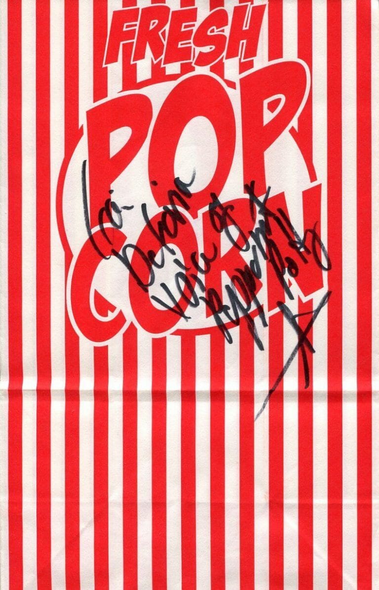 GAI DEFARIA PEPPERMINT PATTY VOICE PEANUTS RARE SIGNED AUTOGRAPH POPCORN BAG
 COLLECTIBLE MEMORABILIA