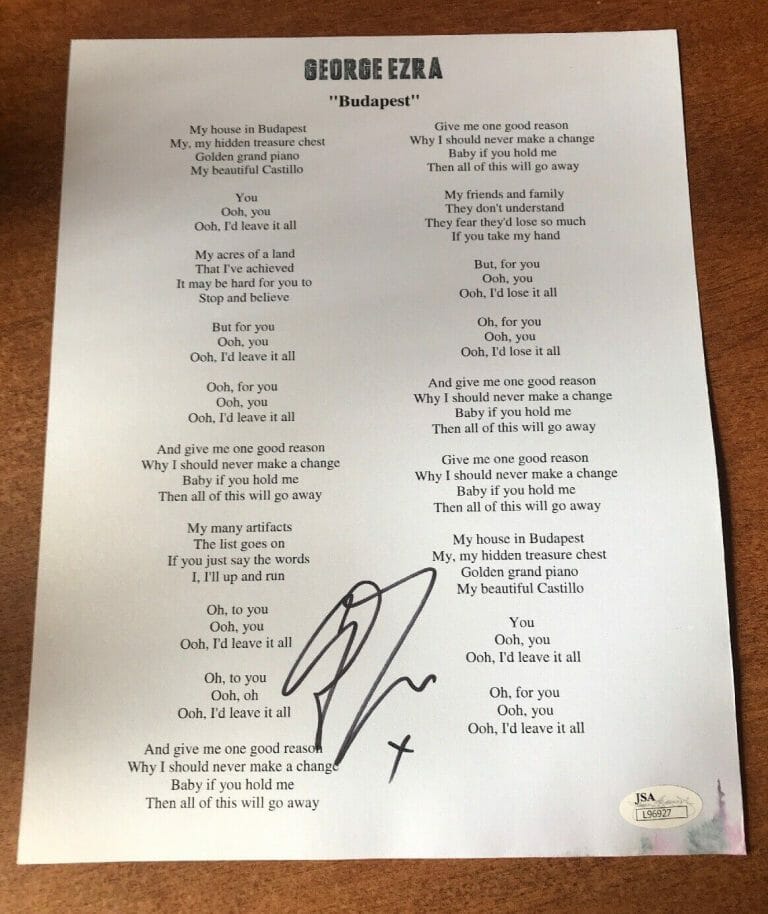 GEORGE EZRA SIGNED AUTOGRAPH BUDAPEST LYRIC SHEET JSA COA WANTED ON VOYAGE
 COLLECTIBLE MEMORABILIA