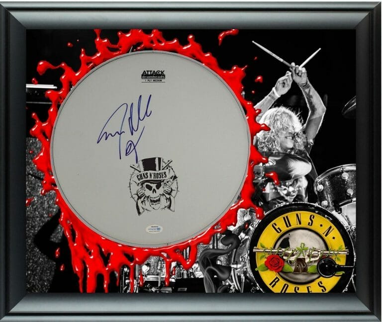 GUNS N ROSES STEVEN ADLER AUTOGRAPHED SIGNED CUSTOM FRAMED DRUM HEAD DISPLAY
COLLECTIBLE MEMORABILIA