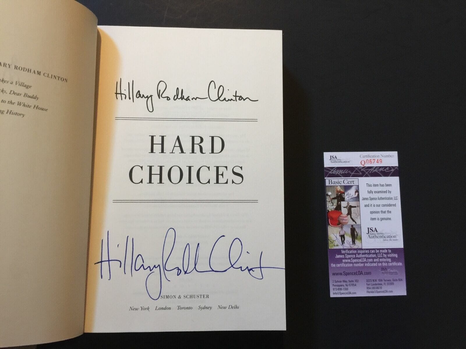 Hillary Rodham Clinton Signed Autograph Book Hard Choices JSA COA First ...