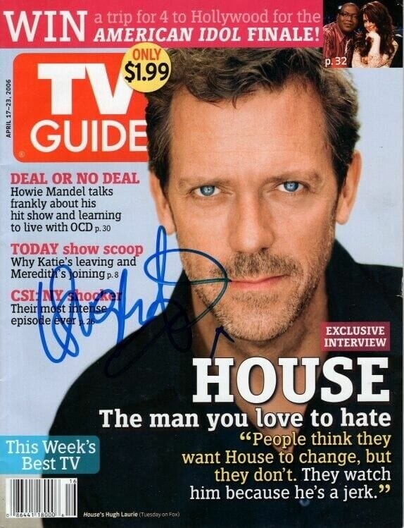 HUGH LAURIE SIGNED 8×10 HOUSE M.D. GREG 2006 TV GUIDE MAGAZINE W/ HOLOGRAM COA
 COLLECTIBLE MEMORABILIA