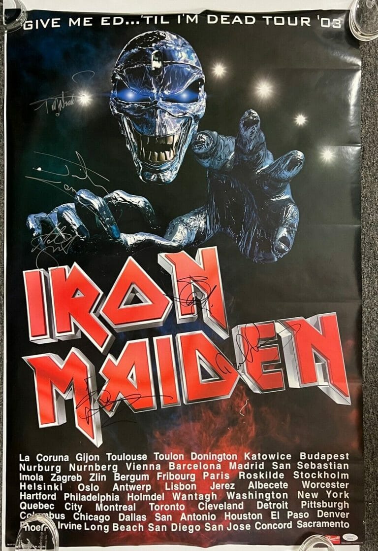 IRON MAIDEN FULLY JSA SIGNED AUTOGRAPH POSTER GIVE ME ED 03 TOUR 6 SIGS!
 COLLECTIBLE MEMORABILIA