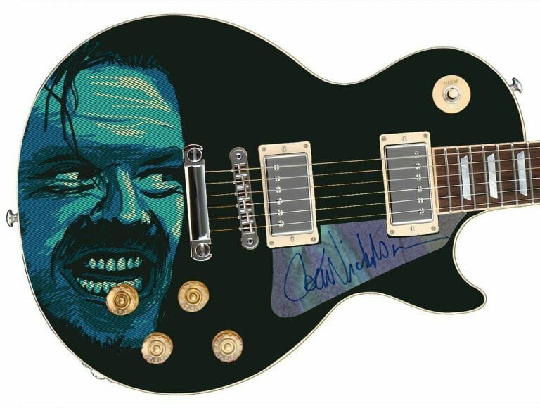 JACK NICHOLSON THE SHINING HERE’S JOHNNY AUTOGRAPHED 1/1 CUSTOM GRAPHICS GUITAR
 COLLECTIBLE MEMORABILIA