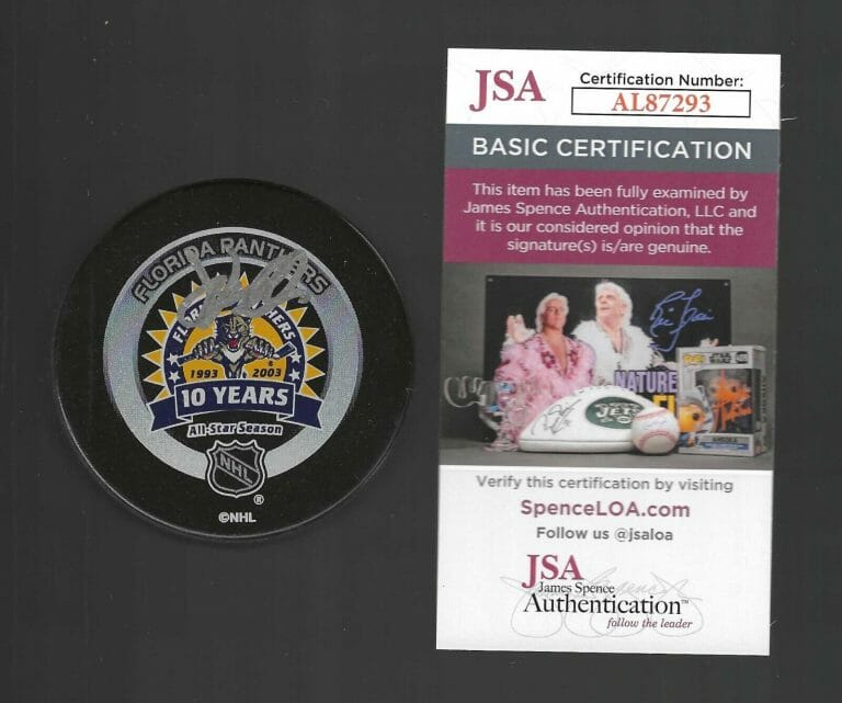 JOHN VANBIESBROUCK SIGNED FLORIDA PANTHERS 10 YEARS OFFICIAL GAME PUCK JSA COA
 COLLECTIBLE MEMORABILIA