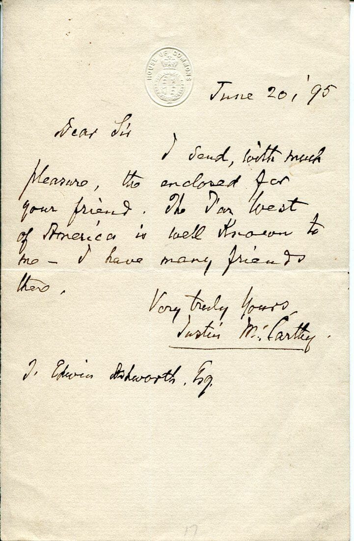 JUSTIN MCCARTHY IRISH NATIONALIST MP HISTORIAN AUTHOR SIGNED AUTOGRAPH LETTER
 COLLECTIBLE MEMORABILIA