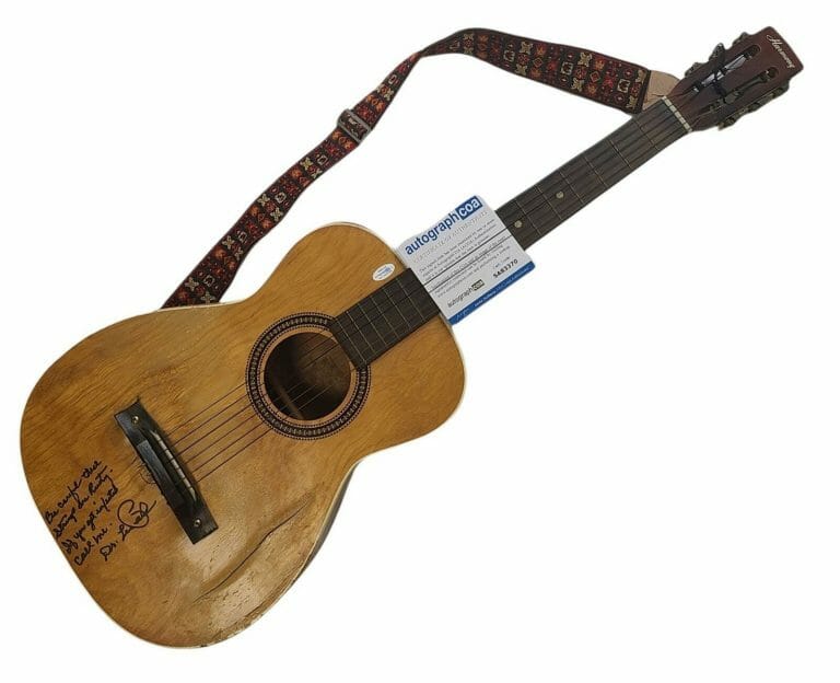 LES PAUL AMAZING INSCRIPTION AUTOGRAPHED DAMAGED VINTAGE HARMONY GUITAR ACOA
 COLLECTIBLE MEMORABILIA
