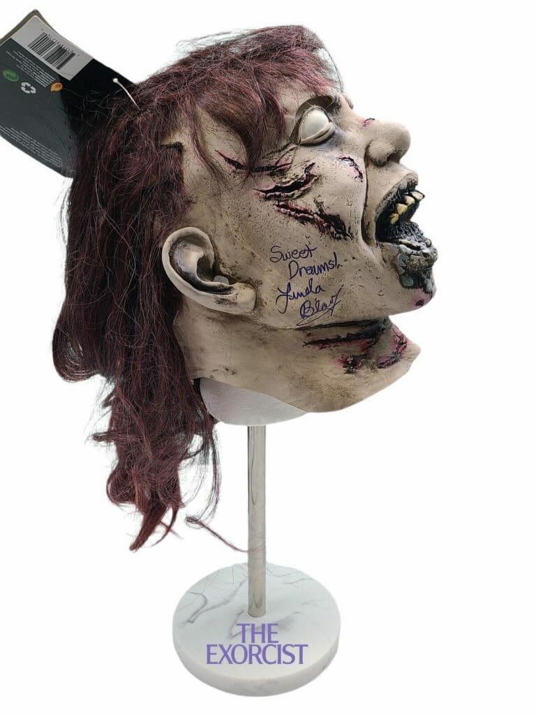 LINDA BLAIR AUTOGRAPHED SIGNED THE EXORCIST MASK & CUSTOM DISPLAY STAND ACOA ITP
 COLLECTIBLE MEMORABILIA