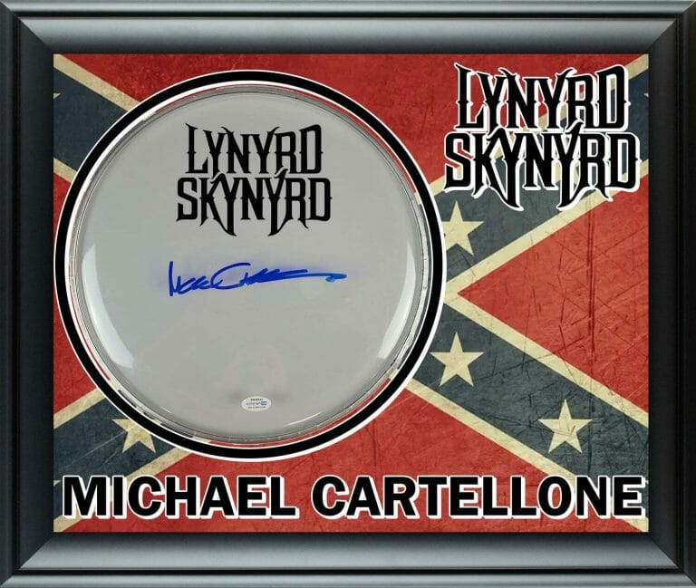 LYNYRD SKYNYRD MICHAEL CARTELLONE SIGNED CUSTOM FRAMED DRUM HEAD DISPLAY ACOA
 COLLECTIBLE MEMORABILIA