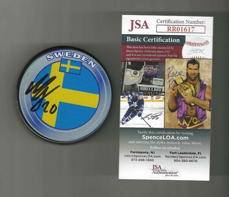 MARCUS SORENSEN SIGNED SWEDEN FLAG PUCK JSA COA SAN JOSE SHARKS
 COLLECTIBLE MEMORABILIA