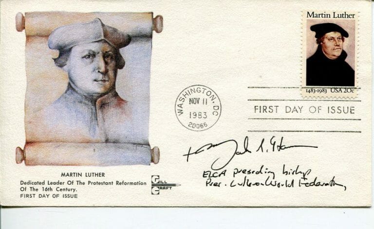 MARK HANSON EVANGELICAL LUTHERAN PRESIDING BISHOP ELCA SIGNED AUTOGRAPH FDC
 COLLECTIBLE MEMORABILIA