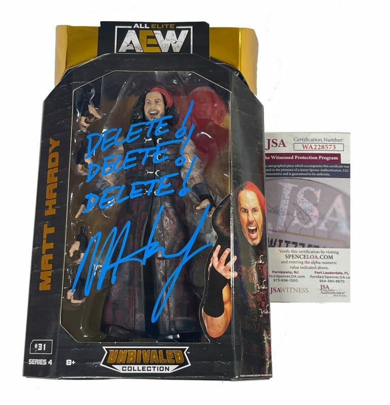 MATT HARDY SIGNED & TRIPLE-INSCRIBED AEW ACTION FIGURE JSA WITNESS COA WWE
 COLLECTIBLE MEMORABILIA