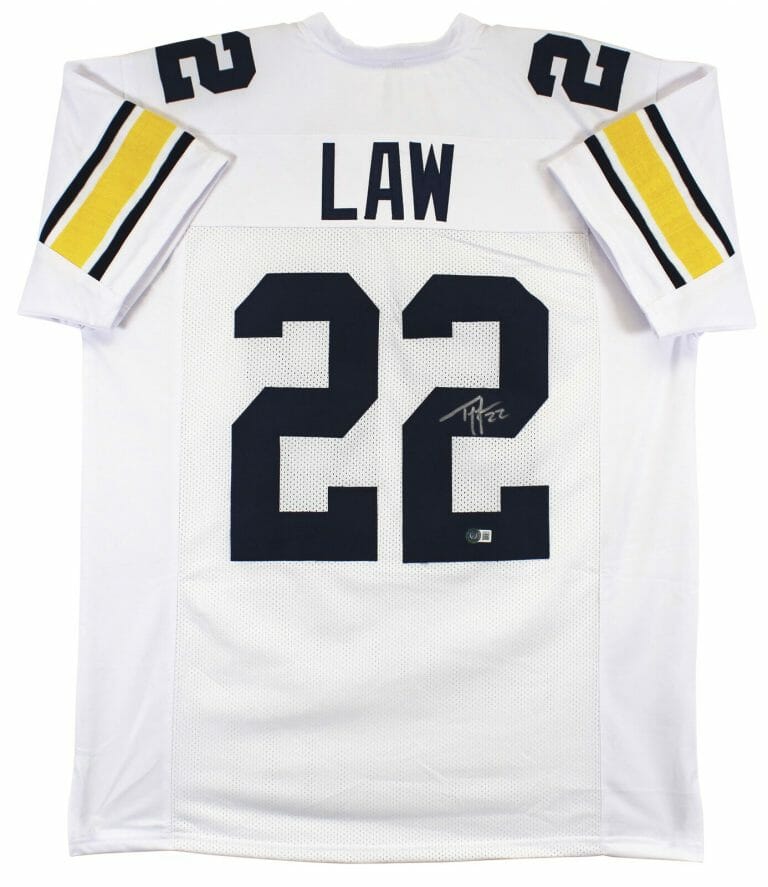 MICHIGAN TY LAW AUTHENTIC SIGNED WHITE PRO STYLE JERSEY BAS WITNESSED
 COLLECTIBLE MEMORABILIA
