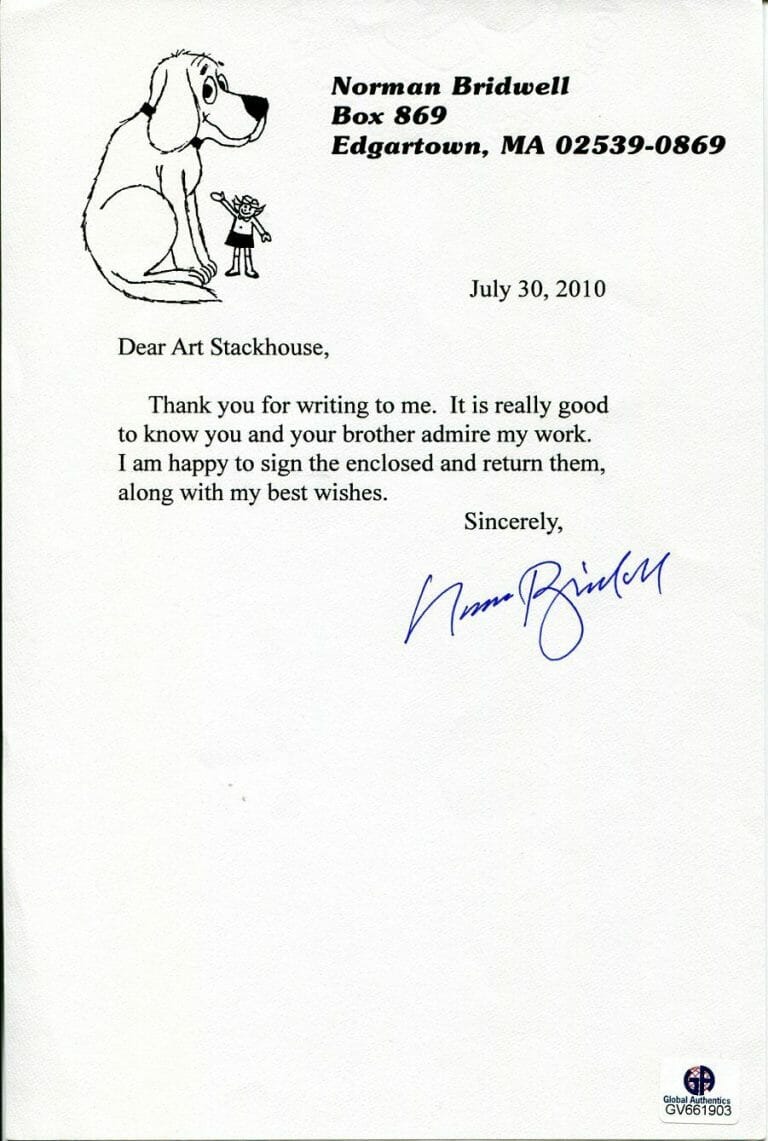 NORMAN BRIDWELL CLIFFORD BIG RED DOG AUTHOR SIGNED AUTOGRAPH LETTER TSL COA
 COLLECTIBLE MEMORABILIA