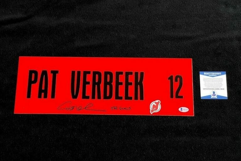 PAT VERBEEK SIGNED 6×18 NEW JERSEY DEVILS CUSTOM STREET SIGN BECKETT COA
 COLLECTIBLE MEMORABILIA