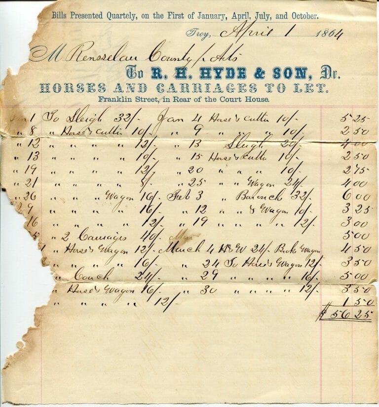 R. H. HYDE & SON HORSES AND CARRIAGES TROY NEW YORK MERCHANT SIGNED 1864 RECEIPT
 COLLECTIBLE MEMORABILIA
