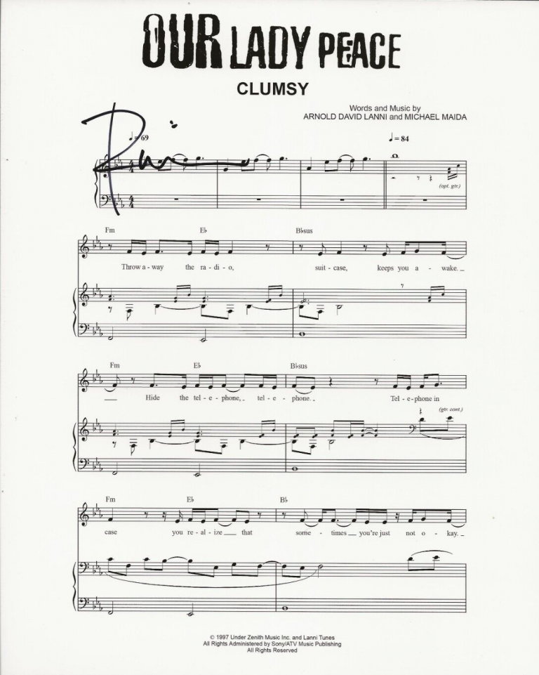 RAINE MAIDA OF OUR LADY PEACE REAL SIGNED CLUMSY SHEET MUSIC #2 COA AUTOGRAPHED
 COLLECTIBLE MEMORABILIA