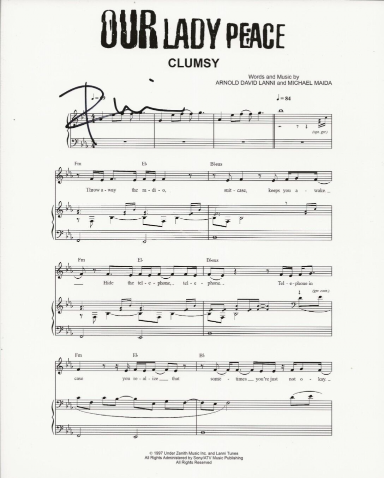 RAINE MAIDA OF OUR LADY PEACE REAL SIGNED CLUMSY SHEET MUSIC COA AUTOGRAPHED
 COLLECTIBLE MEMORABILIA