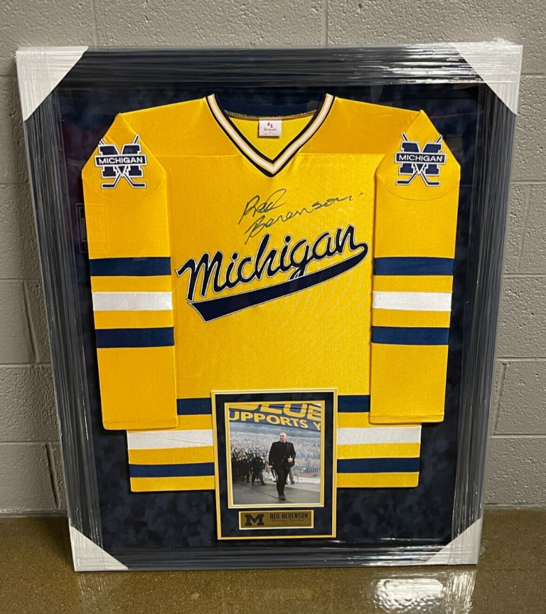 RED BERENSON SIGNED FRAMED MICHIGAN WOLVERINES LARGE JERSEY JSA COA
 COLLECTIBLE MEMORABILIA