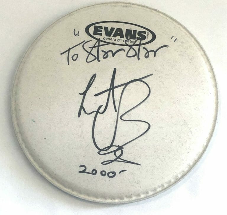 ROLLING STONES CHARLIE WATTS AUTOGRAPHED ULTRA RARE TO STAR STAR 9″ DRUMHEAD
 COLLECTIBLE MEMORABILIA