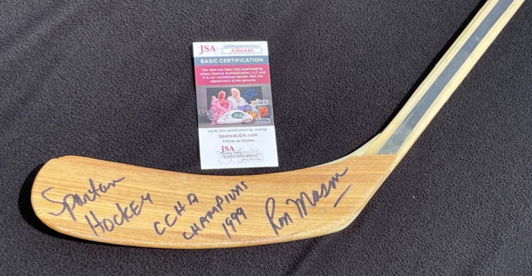 RON MASON SIGNED & INSCRIBED MICHIGAN STATE SPARTANS CCHA HOCKEY STICK JSA COA
 COLLECTIBLE MEMORABILIA