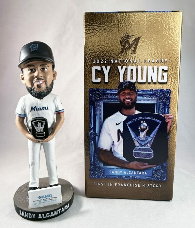 SANDY ALCANTARA BOBBLEHEAD MIAMI MARLINS 2022 NL CY YOUNG 2 COA
 COLLECTIBLE MEMORABILIA