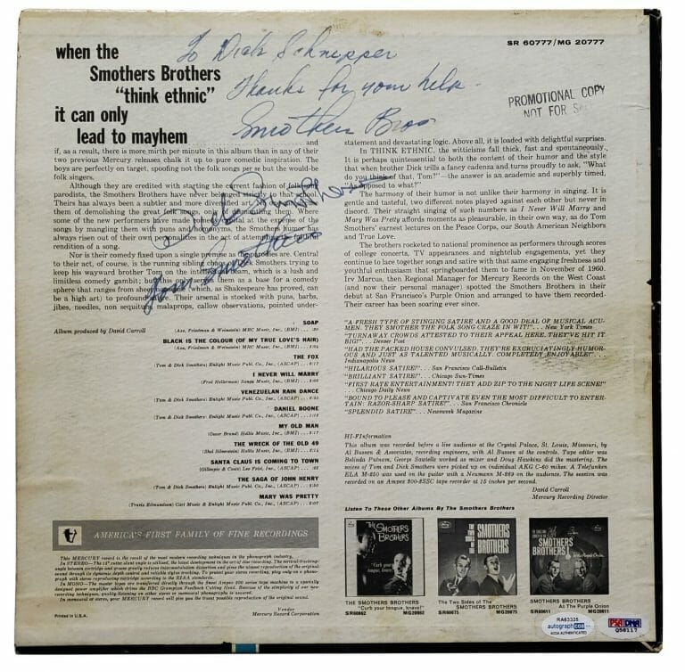 SMOTHERS BROTHERS AUTOGRAPHED SIGNED ALBUM RECORD LP
 COLLECTIBLE MEMORABILIA